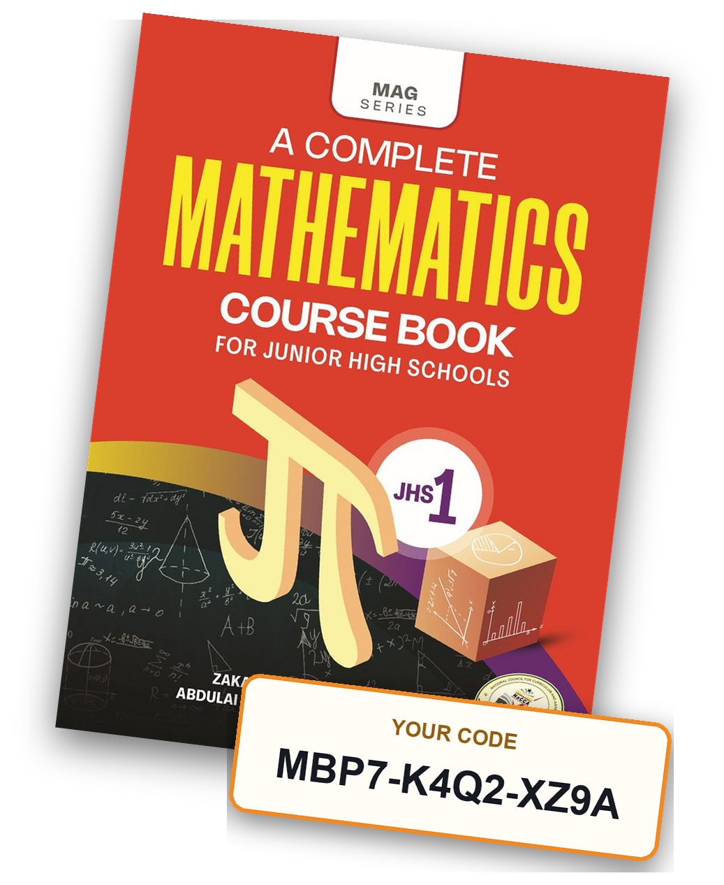 A printed maths textbook with its unlock code on a sticker inside the cover.