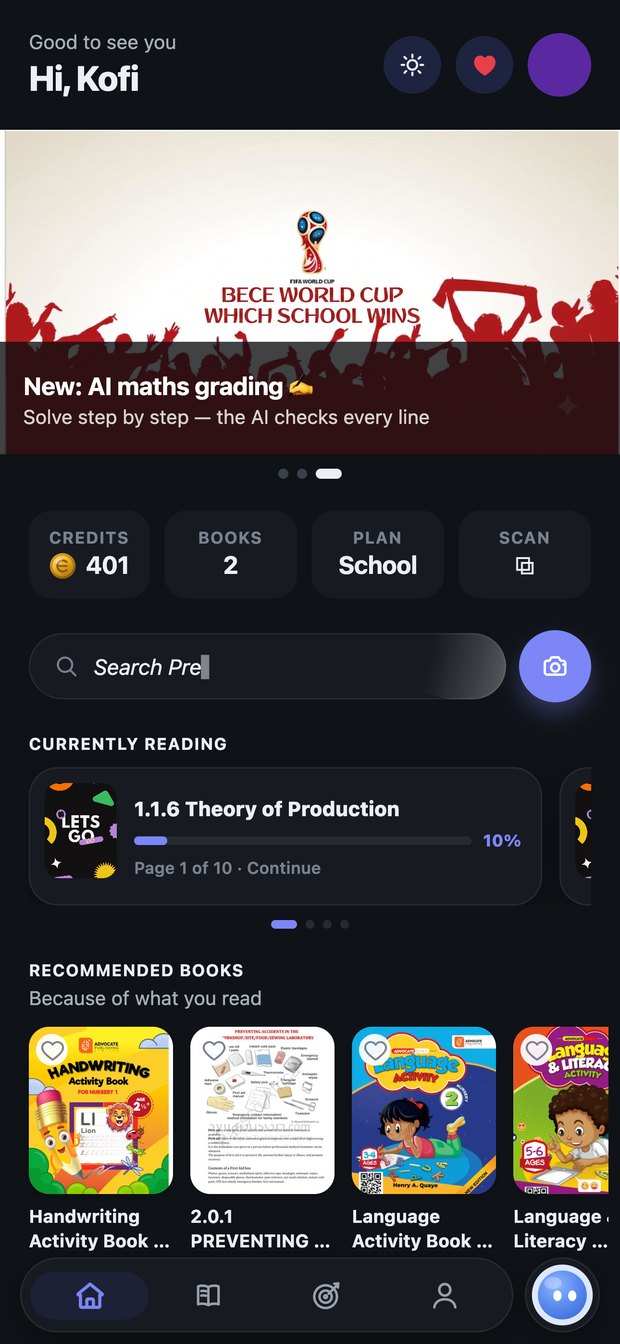 The MyBookPal home screen, with books in progress and free AI credits.