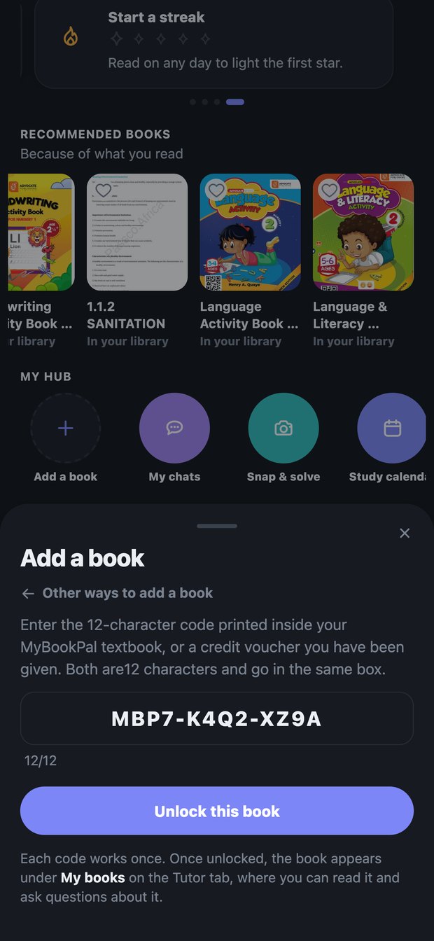 The same code typed into the app to unlock the book.